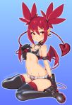  1girl artist_name bat_wings belt black_choker black_gloves black_legwear blue_background boots choker coffeechicken demon_girl demon_tail disgaea earrings etna flat_chest gloves highres jewelry looking_to_the_side makai_senki_disgaea navel pointy_ears red_eyes redhead short_hair simple_background sitting skull_earrings solo tail thigh-highs thigh_boots wings 