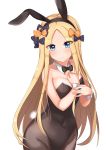  1girl abigail_williams_(fate/grand_order) animal_ears bangs bare_shoulders black_bow black_hairband black_neckwear blonde_hair blue_eyes blush bow bowtie brown_legwear brown_leotard bunny_girl bunny_tail bunnysuit closed_mouth collar detached_collar eyebrows_visible_through_hair fake_animal_ears fate/grand_order fate_(series) forehead hair_bow hairband leotard long_hair looking_at_viewer orange_bow pantyhose parted_bangs polka_dot polka_dot_bow rabbit_ears simple_background smile solo strapless strapless_leotard tail very_long_hair white_background white_collar wrist_cuffs xiao_feng_(1023032145) 