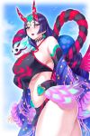  1girl bangs bare_shoulders blush breasts chinese_clothes cosplay curvy dudou fate/grand_order fate_(series) fundoshi headpiece highres huge_breasts japanese_clothes long_hair minamoto_no_raikou_(fate/grand_order) mogudan oni_horns parted_bangs purple_hair revealing_clothes shuten_douji_(halloween_caster)_(fate) shuten_douji_(halloween_caster)_(fate)_(cosplay) very_long_hair violet_eyes 