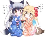  2girls animal_ear_fluff animal_ears bangs black_hair blonde_hair blush bowl chopsticks commentary_request eating extra_ears eyebrows_visible_through_hair ezo_red_fox_(kemono_friends) floral_print flower food fox_ears fox_girl fox_tail gradient_hair hair_between_eyes hair_flower hair_ornament holding holding_bowl holding_chopsticks japanese_clothes kemono_friends kimono long_hair long_sleeves mochi multicolored_hair multiple_girls noodles obi print_kimono ramen sash seiza sidelocks silver_fox_(kemono_friends) simple_background sitting tail takahashi_tetsuya translated two-tone_hair white_background wide_sleeves yellow_eyes yukata 