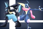  absurdres blue_fur canine creatures_(company) frog game_freak gen_4_pokemon gen_6_pokemon greninja highres long_tongue lucario nintendo no_humans pokemon red_eyes spikes super_smash_bros. tongue tongue_out webbed_feet webbed_hands 