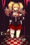  1girl bear_hair_ornament black_shirt blonde_hair blue_eyes character_name dangan_ronpa enoshima_junko hair_ornament highres hq_(876704940) long_hair monokuma necktie pleated_skirt red_skirt shirt skirt sleeves_rolled_up twintails 