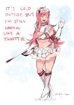  1girl :d blue_background boots bra closed_eyes dancing facing_viewer fate/grand_order fate_(series) gloves high_heel_boots high_heels highres holding idk-kun long_hair medb_(fate)_(all) medb_(fate/grand_order) open_mouth pink_hair riding_crop short_sleeves skirt smile solo standing twitter_username underwear white_bra white_footwear white_gloves white_skirt 