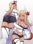  1girl ass bangs bare_shoulders black_panties blonde_hair blush breasts collarbone commentary_request dark_skin draph elbow_gloves eyebrows_visible_through_hair fang fur_trim gloves granblue_fantasy hair_between_eyes highleg highleg_panties highres horns jewelry kuvira_(granblue_fantasy) large_breasts long_hair looking_at_viewer navel necklace open_mouth panties pointy_ears short_shorts shorts simple_background skindentation smile solo spicy_moo thigh-highs underwear white_legwear 