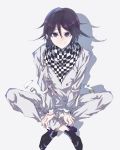  1boy black_footwear checkered checkered_scarf commentary_request dangan_ronpa eyebrows_visible_through_hair flipped_hair from_above full_body grabbing hair_between_eyes hand_on_own_leg highres jacket long_sleeves looking_at_viewer loose_clothes male_focus najuco_(naju0517) new_dangan_ronpa_v3 ouma_kokichi pale_skin purple_hair scarf shadow short_hair simple_background sitting smile solo straitjacket violet_eyes white_background white_legwear 