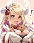  ! 1girl animal bare_shoulders between_breasts blonde_hair blush boar breasts brown_eyes commentary_request dark_skin elbow_gloves flying_sweatdrops fur_trim gloves granblue_fantasy hands_up highres horns kuvira_(granblue_fantasy) large_breasts long_hair long_sleeves nose_blush off_shoulder open_mouth outline solo sweat tomo_(user_hes4085) upper_body white_gloves white_outline wide_sleeves 