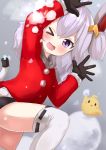  &gt;_o 1girl ;d ame. animal arm_up azur_lane bird black_gloves black_panties blush chick commentary_request electricity fang fur-trimmed_sleeves fur_trim gloves hair_ornament hand_up headgear highres jacket long_hair long_sleeves looking_at_viewer one_eye_closed open_mouth panties red_jacket ribbon-trimmed_legwear ribbon_trim silver_hair smile snow solo tail thigh-highs two_side_up underwear universal_bullin_(azur_lane) violet_eyes white_legwear 
