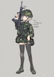  1girl absurdres bandaid bandaid_on_face bandaid_on_nose black_thighhighs blue_eyes camouflage finger_on_trigger green_footwear grey_background grey_hair gun helmet highres holding holding_gun holding_weapon knee_pads military military_uniform open_mouth original short_hair simple_background solo thigh-highs uniform watermark weapon zhongye_yu 