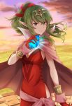  1girl breasts cape chiki cleavage closed_mouth clouds doku_ringo36 dragon_girl dress fire_emblem fire_emblem:_kakusei fire_emblem:_mystery_of_the_emblem gloves grass green_eyes green_hair hair_ribbon highres intelligent_systems long_hair mamkute medium_breasts nintendo outdoors pointy_ears ponytail red_dress red_gloves ribbon sky smile solo teenage tiara 