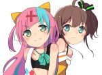  2girls :3 ahoge blue_eyes blush bra breasts brown_hair collarbone commentary_request hair_ornament hair_ribbon hairclip highres hololive long_hair looking_at_viewer multicolored_hair multiple_girls natsuiro_matsuri okota_mikan pink_hair pinky_pop_hepburn pinky_pop_hepburn_official portrait ribbon shirt short_hair side_ponytail simple_background small_breasts underwear virtual_youtuber white_background 