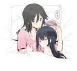  2girls 3d6eda =_= bangs bed black_hair blanket blue_eyes blue_hair blush breast_grab cellphone commentary cuddling from_above grabbing hair_between_eyes hair_down hibike!_euphonium kasaki_nozomi liz_to_aoi_tori long_hair multiple_girls naked_sheet partially_colored phone pillow shadow shirt sketch sleeping smartphone speech_bubble t-shirt taking_picture umbrella under_covers yoroizuka_mizore yuri 