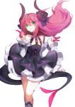  1girl animal_ears black_dress blush commentary curled_horns detached_sleeves dragon_girl dragon_horns dragon_tail dress elizabeth_bathory_(fate) elizabeth_bathory_(fate)_(all) eyebrows_visible_through_hair fate/grand_order fate_(series) feet_out_of_frame flat_chest grey_legwear hands_up horns index_finger_raised kneehighs layered_dress long_hair long_sleeves looking_at_viewer parted_lips pink_hair sidelocks simple_background smile solo standing symbol_commentary tail tareme twitter_username very_long_hair vilor white_background white_sleeves 