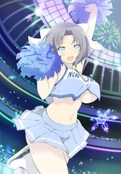  1girl :d blue_eyes blue_hair bow breasts cheerleader crop_top hair_bow highres ice_skates large_breasts looking_at_viewer midriff navel official_art open_mouth pom_poms senran_kagura senran_kagura_new_wave short_hair skates skating skirt smile snowflakes solo under_boob white_bow yaegashi_nan yumi_(senran_kagura) 