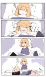  ... 3girls 4koma =_= ? absurdres ahoge black_shirt black_shorts blonde_hair blush_stickers closed_eyes clothes_writing comic drooling fate/grand_order fate_(series) futon highres jeanne_d&#039;arc_(alter)_(fate) jeanne_d&#039;arc_(fate) jeanne_d&#039;arc_(fate)_(all) jeanne_d&#039;arc_alter_santa_lily light_brown_hair lying multiple_girls on_back open_mouth out_of_frame parted_lips pillow pink_shirt purple_shirt ranf saliva shirt shorts silent_comic sleeping spoken_ellipsis sweat under_covers white_hair zzz 