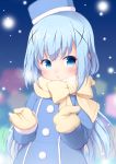  1girl absurdres bangs blue_eyes blue_hair blue_hat blurry blurry_background brown_mittens brown_scarf chestnut_mouth commentary_request depth_of_field eyebrows_visible_through_hair gochuumon_wa_usagi_desu_ka? hair_ornament hat highres kafuu_chino long_hair long_sleeves looking_at_viewer mittens parted_lips sasakura_momiji scarf snowing solo tilted_headwear upper_body very_long_hair x_hair_ornament 