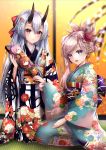  2girls absurdres blue_eyes blue_kimono blush bow commentary_request fate/grand_order fate_(series) floral_print flower hagoita hair_bow hair_flower hair_ornament hane_yuki highres horns huge_filesize japanese_clothes kimono light_smile long_hair looking_at_viewer miyamoto_musashi_(fate/grand_order) multiple_girls new_year obi oni_horns paddle pink_eyes pink_hair ponytail print_kimono red_bow sash seiza silver_hair sitting sliding_doors striped striped_kimono tatami tomoe_gozen_(fate/grand_order) very_long_hair 