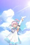  1girl arm_up armpits blue_hairband blue_legwear blue_ribbon blue_sailor_collar blue_sky clouds day dress elbow_gloves gloves green_eyes hair_ribbon hairband kanonno_earhart looking_at_viewer mishiro_(andante) neck_ribbon one_side_up outdoors pink_hair ribbon sailor_collar short_dress short_hair sky sleeveless sleeveless_dress solo standing tales_of_(series) tales_of_the_world_radiant_mythology_2 thigh-highs white_dress white_gloves 