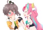  2girls ahoge blue_eyes blush bra brown_hair closed_eyes collarbone commentary_request covering_mouth gloves hair_ornament hand_holding hololive kannazuki_genshi long_hair multicolored_hair multiple_girls natsuiro_matsuri open_mouth pink_hair pinky_pop_hepburn pinky_pop_hepburn_official portrait side_ponytail simple_background tears underwear virtual_youtuber white_background 