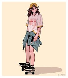  1girl absurdres arms_at_sides artist_name backwards_hat black_eyes black_footwear black_jacket black_shorts blue_eyes border brown_hair closed_mouth clothes_around_waist commentary doodlebozo english_commentary english_text full_body hat highres jacket jacket_around_waist looking_to_the_side medium_hair original shirt shoes short_sleeves shorts simple_background skateboard skateboarding sneakers socks solo standing t-shirt white_border white_legwear white_shirt yellow_background yellow_hat 