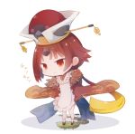  1girl apron beni_shake benienma_(fate/grand_order) brown_eyes brown_hair brown_kimono chibi closed_mouth commentary_request fate/grand_order fate_(series) frilled_apron frills full_body hat japanese_clothes kimono long_sleeves red_hat shadow short_kimono smile socks solo standing translated white_apron white_background white_legwear wide_sleeves 