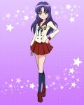  1girl hand_on_hip happinesscharge_precure! highres hikawa_iona loafers long_hair long_sleeves official_art parted_bangs pikarigaoka_middle_school_uniform pleated_skirt precure precure_connection_puzzlun purple_hair red_sailor_collar red_skirt sailor_collar school_uniform shoes skirt socks solo third-party_source violet_eyes 