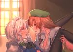  2girls black_bow black_legwear black_neckwear blue_eyes blush bow bowtie braid breasts commentary_request curtains dress_shirt eye_contact finger_in_mouth from_side gloves green_bow green_eyes green_hat green_vest hair_bow hat hong_meiling indoors izayoi_sakuya leg_grab legs_up long_hair looking_at_another maid_headdress masanaga_(tsukasa) medium_breasts multiple_girls pantyhose profile redhead shirt silver_hair star sunlight touhou twin_braids unbuttoned unbuttoned_shirt upper_body vest white_gloves white_shirt window yuri 