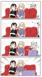  3girls 4koma :d absurdres ahoge bangs bell black_shirt black_shorts blanket blush blush_stickers closed_eyes closed_mouth clothes_writing comic couch crossed_arms eighth_note emphasis_lines eyebrows_visible_through_hair fate/grand_order fate_(series) hair_between_eyes headpiece highres holding holding_blanket jeanne_d&#039;arc_(alter)_(fate) jeanne_d&#039;arc_(fate) jeanne_d&#039;arc_(fate)_(all) jeanne_d&#039;arc_alter_santa_lily lap_pillow light_brown_hair long_hair long_sleeves multiple_girls musical_note nose_bubble notice_lines open_mouth pink_shirt purple_shirt ranf shirt short_over_long_sleeves short_sleeves shorts silent_comic sitting sleeping sleeping_on_person sleeping_upright smile very_long_hair you&#039;re_doing_it_wrong 