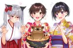  3girls :d animal animal_ears bangs black_hair blush boar bow bowl breasts brown_eyes brown_hair cat_ears chinese_zodiac claw_pose closed_mouth commentary_request eyebrows_visible_through_hair fang floral_print flying_sweatdrops food hair_between_eyes hair_bow hakama hand_up hands_up heart holding holding_bowl japanese_clothes kimono large_breasts long_hair long_sleeves looking_at_viewer multiple_girls new_year o_o obi open_mouth print_kimono red_bow red_eyes red_hakama sash shimashima08123 shiny shiny_hair short_hair sidelocks silver_hair simple_background smile soup sparkle splashing tears tokyo_exe_girls unmoving_pattern upper_body upper_teeth violet_eyes wavy_mouth white_background white_kimono wide_sleeves year_of_the_pig 
