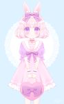  animal_ears bag blue_background blush bow brown_bow choker closed_mouth collarbone commentary_request doily dress frilled_dress frills hair_bow heart highres himetsuki_luna holding holding_bag original pink_dress pink_hair puffy_short_sleeves puffy_sleeves purple_bow purple_choker purple_skirt rabbit_ears sailor_collar short_hair short_sleeves skirt smile solo symbol-shaped_pupils v_arms violet_eyes white_sailor_collar wrist_cuffs 