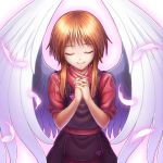  1girl angel_wings brown_hair closed_eyes elpeo_puru feathered_wings gundam gundam_zz haarie hands_clasped own_hands_together red_shirt shiny shiny_hair shirt short_hair_with_long_locks sidelocks smile solo standing white_feathers white_wings wings 