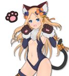  1girl abigail_williams_(fate/grand_order) animal_ears atsumisu bangs bare_shoulders bell black_bow black_leotard blonde_hair blue_eyes blush bow breasts cat_ears cat_tail center_opening commentary_request cosplay fate/grand_order fate/kaleid_liner_prisma_illya fate_(series) forehead fur_collar gloves hair_bow hair_ribbon highres hips illyasviel_von_einzbern illyasviel_von_einzbern_(cosplay) jingle_bell leotard long_hair looking_at_viewer navel open_mouth orange_bow orange_ribbon parted_bangs paw_gloves paws polka_dot polka_dot_bow ribbon simple_background small_breasts smile solo tail thigh-highs thighs two_side_up white_background 