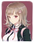  1girl artist_name backpack bag black_hoodie breasts closed_mouth commentary dangan_ronpa eyebrows_visible_through_hair face flipped_hair frame hair_ornament hairclip hood hoodie large_breasts light_brown_hair long_eyelashes looking_at_viewer nanami_chiaki number open_eyes out_of_frame pink_background pink_eyes pink_ribbon ribbon shirt short_hair signature simple_background solo super_dangan_ronpa_2 white_shirt yuri_(anachronic) 