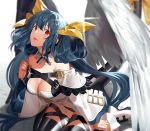 1girl angel_wings bangs bare_shoulders blue_hair bow breasts cleavage commentary_request detached_collar detached_sleeves dizzy guilty_gear hair_between_eyes hair_bow high_heels kyou_zip large_breasts long_hair looking_at_viewer red_eyes sitting tail thigh-highs thigh_strap very_long_hair wariza white_footwear wide_sleeves wings yellow_bow