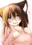  1girl :d animal_ears bell black-framed_eyewear blush breasts brown_eyes brown_hair choker commentary_request ears_down eyebrows_visible_through_hair fang fox_ears furry glasses highres jingle_bell kyabe_tsuka long_sleeves looking_at_viewer multicolored_hair neck_bell open_mouth original paw_pose pink_background pink_sweater red_choker semi-rimless_eyewear smile solo sweater under-rim_eyewear 