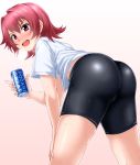  1girl ass bangs bike_shorts blush commentary_request drink eyebrows_visible_through_hair hair_between_eyes hand_on_own_knee highres hips holding huge_ass kantai_collection kinu_(kantai_collection) legs looking_at_viewer no_pants open_mouth pocari_sweat red_eyes redhead shirt short_hair simple_background smile solo standing steam sweat thick_thighs thighs white_background wide_hips zanntetu 