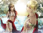 1boy 1girl armlet ass blonde_hair bra bracelet breasts brown_hair cleavage diadem earrings fate/extra fate/extra_ccc fate_(series) gilgamesh head_tilt jewelry kishinami_hakuno_(female) legs long_hair looking_at_viewer medium_breasts mistxtea navel open_mouth orange_eyes outdoors red_eyes sparkle underwear very_long_hair wading wet_bra white_bra