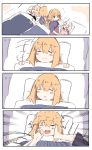  4koma absurdres afterimage ahoge bangs black_shirt black_shorts blonde_hair closed_eyes closed_mouth comic drooling emphasis_lines eyebrows_visible_through_hair fate/grand_order fate_(series) flying_sweatdrops hair_between_eyes highres jeanne_d&#039;arc_(alter)_(fate) jeanne_d&#039;arc_(fate) jeanne_d&#039;arc_(fate)_(all) jeanne_d&#039;arc_alter_santa_lily light_brown_hair long_hair lying on_back open_mouth parted_lips pillow pink_shirt purple_shirt ranf saliva shirt short_sleeves shorts silent_comic smile sweat tucking_in under_covers very_long_hair violet_eyes white_hair 