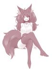  :d absurdres ahoge animal_ear_fluff animal_ears bangs bare_shoulders big_hair breasts camisole choker eyebrows_visible_through_hair fox_ears fox_tail greyscale hair_between_eyes high_heels highres invisible_chair jewelry large_breasts large_tail legs_crossed looking_at_viewer monochrome necklace open_mouth original sharp_teeth short_eyebrows simple_background sitting sketch smile sub-res tail teeth thigh-highs twintails white_background 