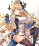  1girl :o bangs black_gloves black_legwear blonde_hair blue_eyes blue_ribbon blush breasts commentary cowboy_shot draph dress eyebrows_visible_through_hair gloves gradient gradient_background granblue_fantasy hair_ribbon hand_up hat highres horns juliet_sleeves knee_up large_breasts long_hair long_sleeves looking_at_viewer momoko_(momopoco) parted_lips pelvic_curtain pointy_ears puffy_sleeves rastina ribbon simple_background sleeves_folded_up solo thigh-highs thighs v-shaped_eyebrows very_long_hair wavy_hair white_background white_dress white_hat 