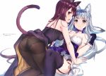  2girls absurdres all_fours animal_ears ass bare_shoulders black_gloves black_panties blush breasts cat_ears cat_tail choker cleavage dress eyebrows_visible_through_hair garter_belt girls_frontline gloves green_eyes hairband highres hk416_(girls_frontline) huge_filesize kemonomimi_mode long_hair looking_at_viewer lying medium_breasts multiple_girls on_back open_mouth panties panties_under_pantyhose pantyhose parted_lips profile purple_hair purple_legwear red_eyes scan side-tie_panties silver_hair stitched tail thigh-highs third-party_edit underwear very_long_hair wa2000_(girls_frontline) weee_(raemz) 