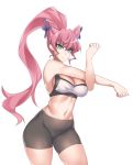  1girl bangs bike_shorts black_shorts breasts cleavage flower green_eyes hair_flower hair_ornament hevn high_ponytail large_breasts long_hair maria_cadenzavna_eve navel pink_hair senki_zesshou_symphogear shorts simple_background solo sports_bra stretch sweat v-shaped_eyebrows very_long_hair white_background 