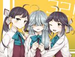  3girls ahoge asymmetrical_bangs bangs black_hair blue_neckwear blush bow bowtie braid brown_eyes closed_mouth dress finger_to_mouth fujinami_(kantai_collection) grey_hair hair_over_eyes hair_ribbon hamanami_(kantai_collection) hayanami_(kantai_collection) highres kantai_collection long_hair long_sleeves miroku_san-ju multiple_girls one_eye_closed open_mouth pleated_dress ponytail purple_dress purple_hair ribbon school_uniform shirt short_hair side_ponytail sidelocks single_braid sleeveless sleeveless_dress upper_body white_ribbon white_shirt yellow_eyes 