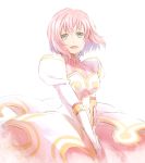  1girl :d dress elbow_gloves estellise_sidos_heurassein floating_hair gloves green_eyes looking_at_viewer mishiro_(andante) open_mouth pink_hair shiny shiny_hair short_hair simple_background smile solo standing tales_of_(series) tales_of_vesperia white_background white_dress white_gloves 