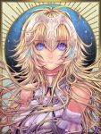  1girl absurdres aosuna blonde_hair blue_eyes breasts breasts_apart chains detached_sleeves eyebrows_visible_through_hair fate/apocrypha fate_(series) floating_hair gauntlets hair_between_eyes headpiece highres jeanne_d&#039;arc_(fate) jeanne_d&#039;arc_(fate)_(all) large_breasts long_hair looking_at_viewer solo sparkle upper_body very_long_hair white_sleeves 