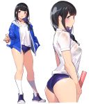  1girl ass black_hair blue_eyes blush eyebrows_visible_through_hair long_hair looking_at_viewer looking_to_the_side multiple_views original pop_kyun see-through shirt simple_background socks sweat wet wet_clothes white_background white_legwear white_shirt 