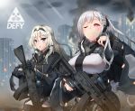  2girls absurdres adjusting_hair ak-12 ak-12_(girls_frontline) ammunition an-94 an-94_(girls_frontline) assault_rifle bangs black_gloves blonde_hair blue_eyes braid breasts cape closed_mouth commentary_request doyagao eyebrows_visible_through_hair french_braid girls_frontline gloves gun hair_ornament hairband highres holding holding_gun holding_weapon jacket kirochef large_breasts long_hair long_sleeves looking_at_viewer mask mask_removed military multiple_girls one_eye_closed ribbon rifle sidelocks silver_hair smile smug trigger_discipline very_long_hair violet_eyes weapon 