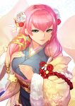  1girl blue_eyes earrings fire_emblem fire_emblem_heroes flower fur_trim gunnthra_(fire_emblem) hair_flower hair_ornament highres japanese_clothes jewelry kimono long_hair long_sleeves nakabayashi_zun nintendo obi parted_lips pink_hair sash solo upper_body wide_sleeves 