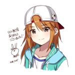 1girl backwards_hat baseball_cap closed_mouth commentary_request dated eyebrows_visible_through_hair grey_eyes hat highres hood hooded_jacket ichiren_namiro idolmaster idolmaster_million_live! jacket looking_at_viewer orange_hair shirt signature simple_background smile solo upper_body white_background white_shirt yuuki_haru