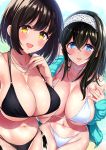  2girls aqua_jacket arm_up bare_shoulders beach bikini black_bikini black_hair blue_eyes blush breasts choker cleavage collarbone cowboy_shot fingernails hair_between_eyes hairband heart heart_necklace highres idolmaster idolmaster_cinderella_girls jacket jewel_(the_black_canvas) jewelry large_breasts long_fingernails long_hair looking_at_viewer multiple_girls nail_polish navel necklace open_mouth outdoors pink_nails sagisawa_fumika shiny shiny_hair side-tie_bikini smile string_bikini swimsuit takafuji_kako white_bikini white_choker white_hairband yellow_eyes 