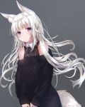  1girl animal_ear_fluff animal_ears aran_sweater bangs bare_shoulders black_sweater blush chromatic_aberration closed_mouth collared_shirt commentary_request eyebrows_visible_through_hair floating_hair fox_ears fox_girl fox_tail grey_background head_tilt highres long_hair long_sleeves looking_at_viewer off-shoulder_sweater original sakura_honoka_(srhk0623) shirt sidelocks silver_hair simple_background sleeveless sleeveless_shirt sleeves_past_wrists solo sweater tail twitter_username upper_body v_arms violet_eyes 